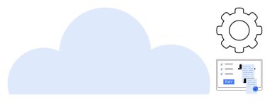 Vites simgesi ve online ödeme formu ile büyük bulut şekli. Bulut hizmetleri, teknoloji, çevrimiçi işlemler, dijital güvenlik, otomasyon, finans teknolojisi, hizmet yönetimi soyut hattı için ideal