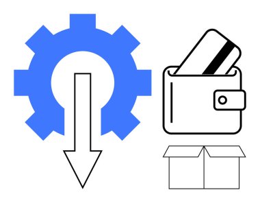 Aşağı doğru oklu mavi dişli, içinde kredi kartı olan siyah çizgili cüzdan ve kutu sembolü olan. Finansal teknoloji, e-ticaret, çevrimiçi ödemeler, otomasyon, verimlilik, lojistik ve bankacılık için ideal