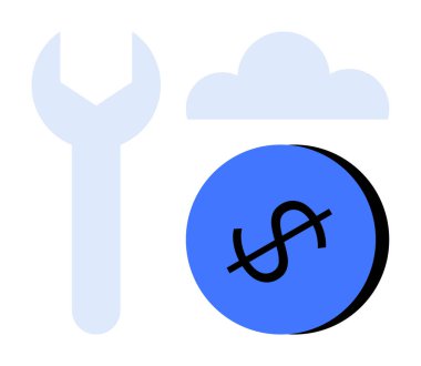 Tools, cloud, and blue dollar sign in focus, representing cloud-based financial management solutions. Ideal for finance, cloud services, IT maintenance, resource management, budgeting cost control clipart