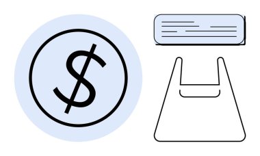 Mavi çemberin içindeki büyük dolar işareti, fiyat etiketi ve basit alışveriş çantası taslağı. Perakende, alışveriş, fiyatlandırma stratejileri, ekonomi, tüketici davranışı, pazarlama ve ticaret temaları için ideal
