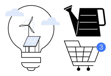 Rüzgâr türbinli ampul, güneş panelleri, sulama kutusu ve uyarı rozetli alışveriş arabası. Sürdürülebilirlik, yenilenebilir enerji, bahçıvanlık, alışveriş, çevre dostu uygulamalar için ideal