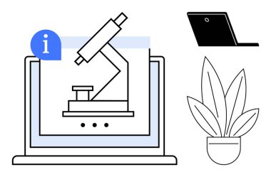 Bilgisayar ekranında, bilgi simgesi, yan dizüstü bilgisayar ve bitki özüyle mikroskop çizimi. Eğitim, e-öğrenme, uzaktan çalışma, bilim, araştırma bilgi dijital teknolojisi için idealdir. Soyut