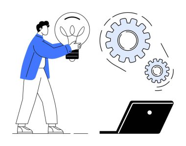 Elinde dev bir ampul tutan biri, bir dizüstü bilgisayarın üstünde hareket halinde. Yenilik için ideal, üretkenlik, beyin fırtınası, teknoloji, problem çözme, yaratıcılık iş stratejisi. Soyut satır düzlüğü