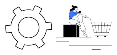 Alışveriş arabasının yanında oturan bir kadın, seyyar telefon, bir dişlinin yanında. E-ticaret, dijital alışveriş, teknoloji, yenilik, çevrimiçi perakende, otomasyon tüketicisi davranışı soyut çizgi