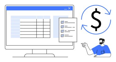 Bilgisayar monitörü bir hesap tablosu ve kontrol listesi gösteriyor. Finansal değişimi temsil eden işaretli bir dolar işareti ve işaret eden bir kişi. Finans, yönetim, planlama, organizasyon için ideal