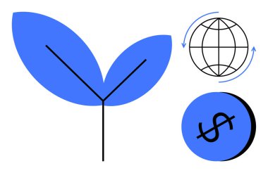 İki yapraklı mavi yaprak, dairesel oklu küre, daire şeklinde dolar işareti. Sürdürülebilirlik, büyüme, çevre, küresel ekonomi, yatırım, çevre dostu ve soyut çizgi için ideal