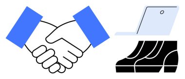 Tokalaşma anlaşmayı simgeler, dizüstü bilgisayar teknolojiyi simgeler ve ayak hareketi de işbirliğini simgeler. İş anlaşmaları için ideal, uzak çalışma, ortaklıklar, profesyonel ağ