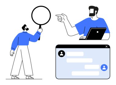 Dizüstü bilgisayarı olan bir ekip üyesi elinde büyüteç tutan birini işaret ediyor. Kullanıcı diyaloglarıyla sohbet ara yüzü. Takım çalışması, iletişim, online toplantı, sohbet, dijital işbirliği için ideal