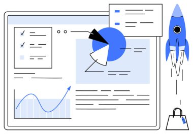 Analitik çizelgeler, pasta grafiği, kontrol listesi ve veri grafiklerinin yer aldığı bir iş paneli. İş stratejileri, veri analizi, büyüme, yenilikçi hedef izleme teknolojileri için idealdir. Soyut