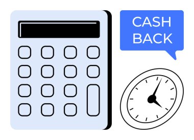 Calculator, clock, and cash back speech bubble suggest financial savings and time management. Ideal for budgeting, financial planning, efficient spending, cost-saving, cashback offers, time tracking clipart