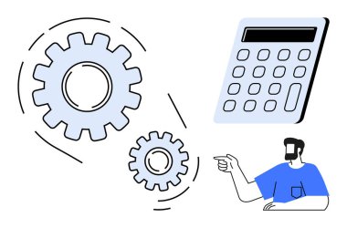 Vitesler, hesap makinesi, işaret eden kişi. Üretkenlik, mekanik, problem çözme, hesaplamalar, teknoloji verimliliği takım çalışması için idealdir. Basit tasarım mavi ve beyaz tonlar soyut çizgi düz