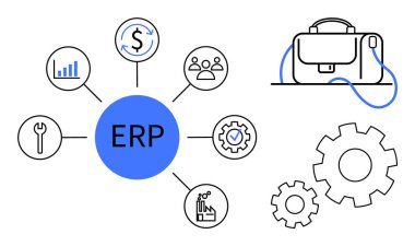 Merkezde para, insan, analitik ve araçlar için ikonlar var. Vitesler ve çanta. İş süreci, performans yönetimi, operasyonel verimlilik, veri analizi, kaynak için ideal