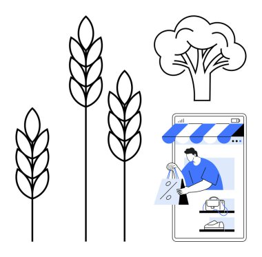 Akıllı telefon, internetten alışveriş yaparken vitrin ve teslimatı gösteriyor. Üç buğday sapı ve bir ağaç tarımsal ürünleri ön plana çıkarıyor. E-ticaret, tarım, teknoloji ve çevre için ideal