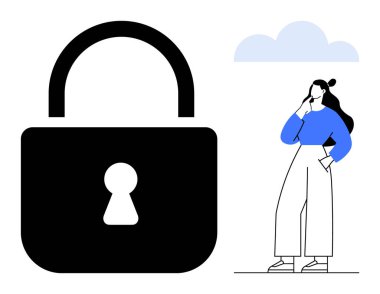 Kadın, üzerinde bulutlar olan büyük bir kilidin yanında düşünceli bir şekilde duruyor. Güvenlik, gizlilik, dijital güvenlik, veri koruması, çevrimiçi güvenlik, şifreleme kişisel güvenlik için ideal. Soyut çizgi
