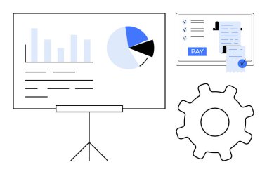 Tahtada çubuk ve pasta grafikleri, ödeme düğmesi ve vites sembolüyle işlem detaylarını gösteren bir tablet. İş analizleri, finans, dijital ödemeler, ayarlar, yazılım için ideal