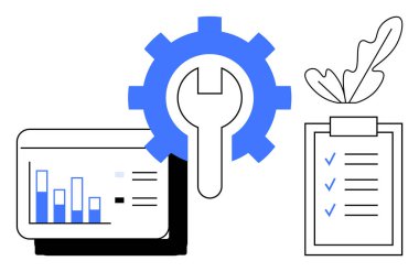 Vites simgesi ingiliz anahtarıyla birbirine dolanmış. Değişen yükseklik çubukları olan bir ekran grafiği. Mavi işaretli bir panoda kontrol listesi. İş akışı optimizasyonu, proje planlaması, veri analizi için ideal