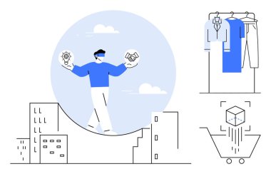 Şehir manzarası ile çevrili, ipte yürüyen, ampul ve teçhizatı dengeleyen kişi, askılarda giysiler, alışveriş arabasına tarama kutusu. İş, teknoloji, yenilik, e-ticaret, denge için ideal