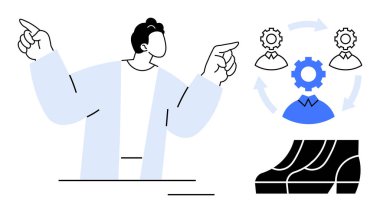 Profesyonel iş adamları el hareketleriyle, takım çalışmasını, proje yönetimini ve iş akışı otomasyonunu gösteren birbirine bağlı viteslerle sunum yapıyor. İş stratejisi ve kurumsal eğitim için ideal.