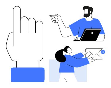 Parmak şıklatma, dizüstü bilgisayarı olan kişi ve yeni e-posta tutan kişi. Dijital iletişim, bildirimler, takım çalışması, çevrimiçi işbirliği, üretkenlik, uzaktan çalışma için ideal