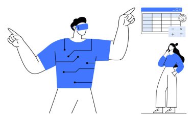 Veri analizi için teknolojiyi kullanan iki kişi. VR kulaklığı olan bir kişi, veri tablosunu analiz eden bir kadın. Takım çalışması, yenilik, gelecek, teknoloji entegrasyonu, veri, iletişim için ideal