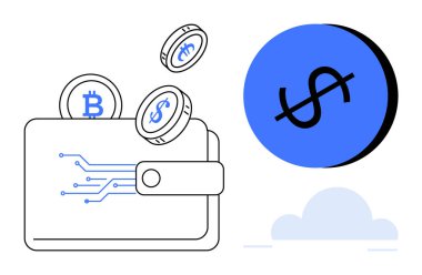 Digital wallet with Bitcoin, smart contract, and dollar-pegged stablecoin icons emerging, blue dollar sign in circle, cloud shape below. Ideal for fintech, blockchain, modern banking, e-commerce clipart