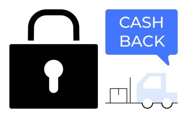 Large padlock for security, speech bubble with CASH BACK, and delivery truck with cargo. Ideal for e-commerce, online shopping, secure payments, customer rewards, shipping guarantees, trust-building clipart