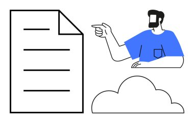 Çizgileri, karakter göstergesi, bulut simgesi olan belgeler. İş sunumları, bulut depolama, belge yönetimi, dijital iletişim, takım çalışması eğitim dosya paylaşım kavramları için idealdir. Modern