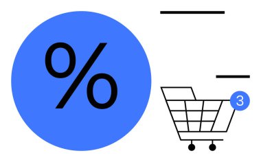 Büyük mavi yüzde işaretinin yanında üç eşyayla alışveriş arabası. Ecommerce, promosyonlar, indirimler, çevrimiçi alışveriş, pazarlama, satış, perakende dijital platformlar için ideal. Satır metaforu