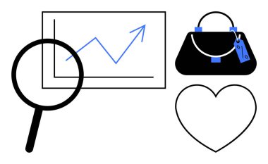 Magnifying glass examining upward graph, designer handbag with tag, and heart symbol. Ideal for business growth, financial analysis, luxury market, consumer behavior, success, retail trends love clipart