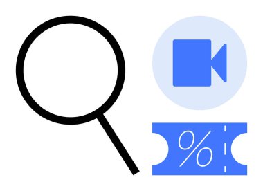 Mavi video kamera sembolünün yanında büyüteç ve yüzde simgesi olan indirimli bilet. Arama motorları, video içeriği, indirimler, çevrimiçi alışveriş, pazarlama, promosyonlar, araştırma için ideal