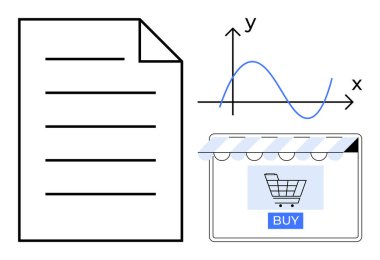 Çizgileri olan bir belge, sinüs dalgası gösteren bir grafik ve alışveriş arabası ve satın alma düğmesi olan bir e-ticaret simgesi. Veri analizi, e-ticaret, iş raporları, tüketici davranışı için ideal