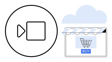 Video play button next to storefront with shopping cart and buy button under cloud. Ideal for e-commerce, digital marketing, online videos, virtual storefronts, cloud services, internet shopping