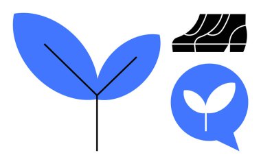 İki yapraklı büyük filizlenen bitki, basamakların üzerinde ayakkabılar, ve bitki ikonlu konuşma balonu. Sürdürülebilirlik, büyüme, çevre, doğa, tartışma, çevre dostu ve iş stratejisi için ideal