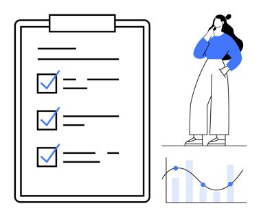 İş kadını kontrol işaretli bir listeyi inceliyor, satır ve çubukların yer aldığı bir veri grafiği düşünüyor. Proje yönetimi, karar verme, üretkenlik, analiz, strateji, organizasyon için ideal