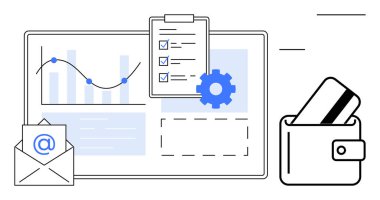 Çizgi çizelgesi, panosu, sembollü zarfı, teçhizatı ve kartlı cüzdanı olan analitik gösterge paneli. Veri yönetimi verimliliğini finanse etmek, planlamak, analiz etmek, iş stratejisi bütçelemek için ideal