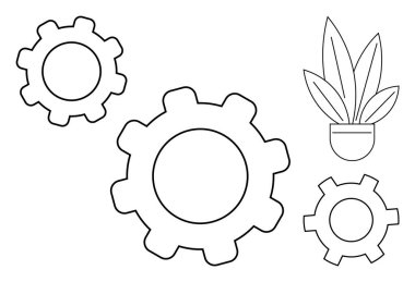 Bir saksı bitkisinin yanında birbirine kenetlenmiş üç dişli iş ve doğa arasında bir uyum olduğunu gösteriyor. Üretkenlik, büyüme, denge, çevre dostu uygulamalar, takım çalışması, operasyonlar, yenilik için idealdir. Soyut