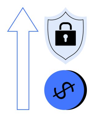 Kilitli kalkan güvenliği simgeler. Çember içinde dolar işareti finansal meseleleri temsil eder. Yukarı doğru ok ise büyümeyi. Finans, güvenlik, ilerleme, yatırım, koruma için ideal