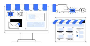 Bilgisayar monitörü reklamları, çevrimiçi mağazaları ve e-postayı bildiriyor, dolar işaretinin yanında el tıklama reklam düğmesi var. Pazarlama, e-ticaret, reklam, çevrimiçi satış, dijital strateji için ideal