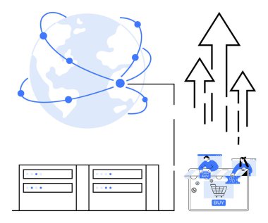 Birbirine bağlı düğümlü dünya, veri merkezleri, ölçülü alışveriş arabası, büyümeyi gösteren oklar. Teknoloji, e-ticaret, küresel ticaret, internet bağlantısı, veri analizi pazarı için ideal