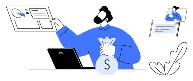 Elinde para çantası olan bir iş adamı, ekrandaki verileri analiz ediyor, dizüstü bilgisayarla çalışıyor. Destekleyici ikon onun bir tablet kullandığını gösteriyor. Mali planlama, yatırım, analitik, strateji ve uzak çalışma için ideal