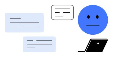 Sohbet baloncukları, nötr yüz ifadeleri ve iletişim karmaşıklığını ve uzaktan etkileşimleri gösteren dizüstü bilgisayarlar. Dijital iletişim, teknoloji kullanımı, uzaktan çalışma, sosyal medya konuları için ideal