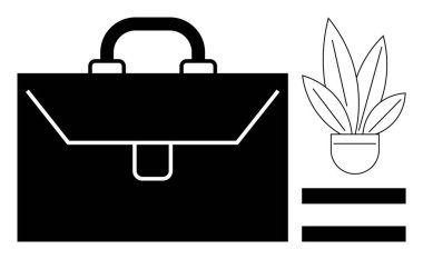 Çalışmayı simgeleyen siyah evrak çantası, yaşam için saksı çiçeği ve dengeyi temsil eden eşit işaret. İş hayatı dengesi, kariyer, ofis, kişisel büyüme, verimlilik dengesi için ideal. Soyut