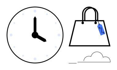 Saati gösteren saat, mavi etiketli alışveriş çantası, minimum bulut. E-ticaret, zaman yönetimi, dakiklik, perakende promosyon, indirimli online alışveriş için ideal. Soyut satırı temizle