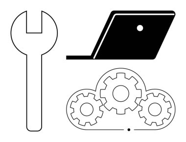 İngiliz anahtarı, dizüstü bilgisayar, bulutun içinde üç vites. Teknoloji, bulut hesaplama, mühendislik, bilişim çözümleri, dijital araçlar teknik destek ve yenilik temaları için idealdir. Soyut çizgi düz metafor