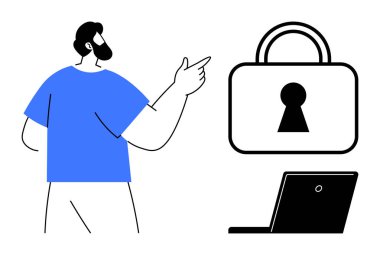 İşadamı, dijital güvenliği simgeleyen büyük bir asma kilit ikonu ve dizüstü bilgisayarı işaret ediyor. Siber güvenlik farkındalığı, veri koruması, çevrimiçi güvenlik, ağ güvenliği, iş güvenliği, bilişim için ideal