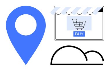 Büyük mavi lokasyon rozeti, online alışveriş arabası ve satın alma düğmesi olan bir dükkan önü, siyah bulut simgesi. E-ticaret, konum, alışveriş, çevrimiçi perakende, bulut hizmetleri, teknoloji ve ticaret için ideal