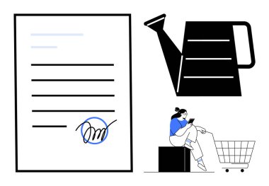 Kalın çizgili imzalı bir belge, siyah sulama kutusu, alışveriş arabasında oturan akıllı telefon kullanan mavi gömlekli biri. İş için ideal, bahçıvanlık, perakende, iletişim, rahatlama, teknoloji