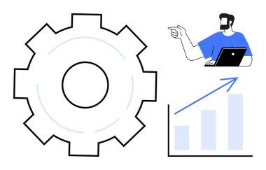İş adamı, yükselen bar tablosuna işaret ederek, sistem optimizasyonu ve verimliliğini sembolize eden bir dişlinin yanında dizüstü bilgisayarda çalışırken büyümeyi gösteriyor. Ticari büyüme ve süreç için ideal