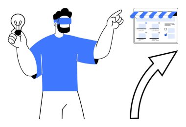 VR kulaklıklı adam ampulü tutuyor ve ilerlemeyi gösteren okla dijital arayüzü işaret ediyor. Yenilik için ideal, teknoloji, sanal gerçeklik, yaratıcılık, gelecek, ilerleme, fikirler. Kavramsal