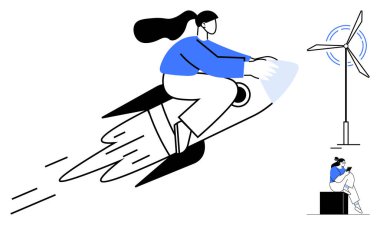 Roket süren bir kadın, tabletle oturan başka bir kadın ve büyük bir rüzgar türbini. Yenilik, teknoloji, gelecek, sürdürülebilirlik, yenilenebilir enerji taşımacılığı dijital medya için idealdir. Çizgi